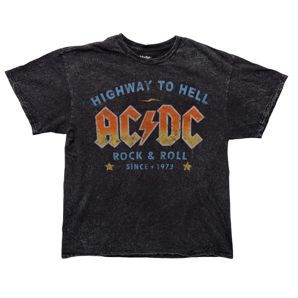 ACDC Highway to Hell Graphic T-Shirt Mens Large Acid Wash Charcoal Rock Band Tee